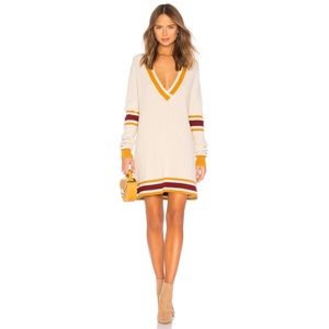 For Love & Lemons Cream V-Neck Sweater Dress with Gold and Maroon Stripes